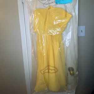 A pale yellow Alfred Angelo strapless, sweetheart neckline bridesmaid dress!